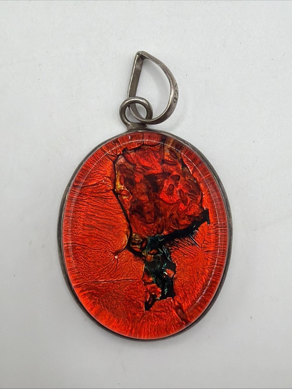 925 Sterling Silver Pendant Red Foil Backed Glass Oval Artisan Abstract Modern